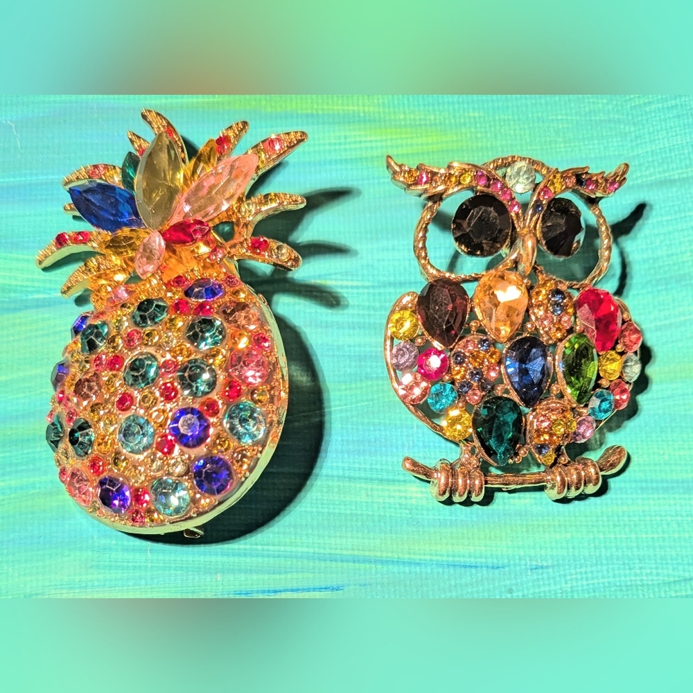 Colorful Crystal Pineapple and Owl Brooch Set